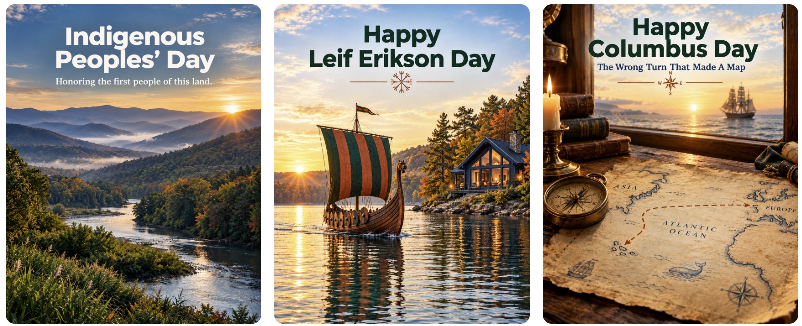 Landscape collage exploring Indigenous Peoples’ Day, Leif Erikson Day, and Columbus Day in The Reed October Lifestyle Issue