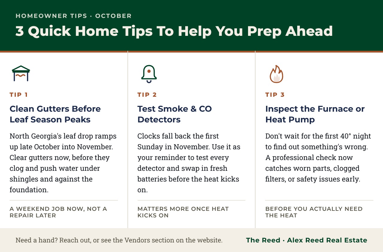 October homeowner tips infographic: 1. Clean gutters before leaf season peaks. 2. Test smoke and CO detectors. 3. Inspect the furnace or heat pump before first use.